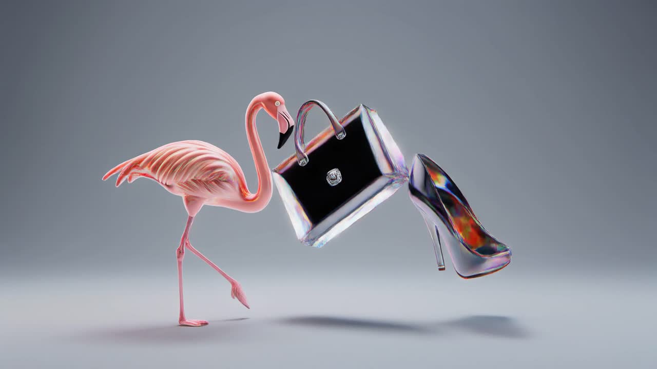 Whimsical 3D Animation of Flamingo, Iridescent Handbag, and High Heel