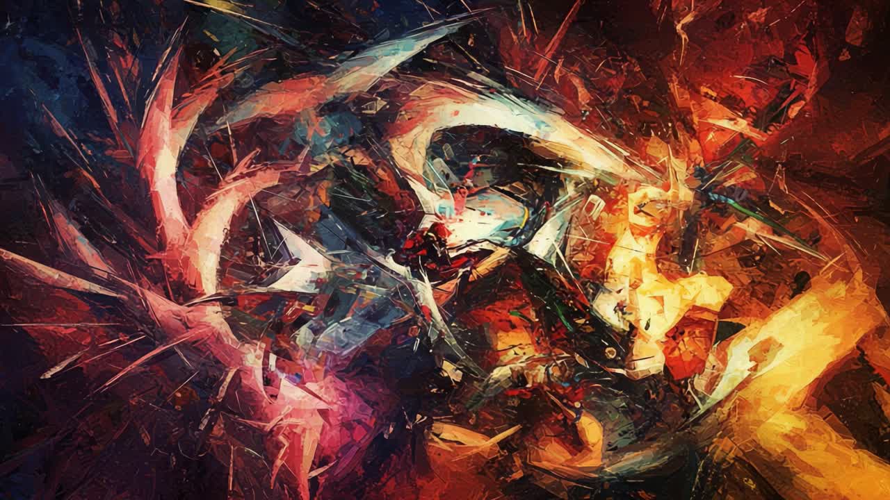 An Abstract Collision of Colors and Shapes: A Vibrant Dance of Light and Form Captured in Motion, Creating an Intense and Dynamic Visual Experience
