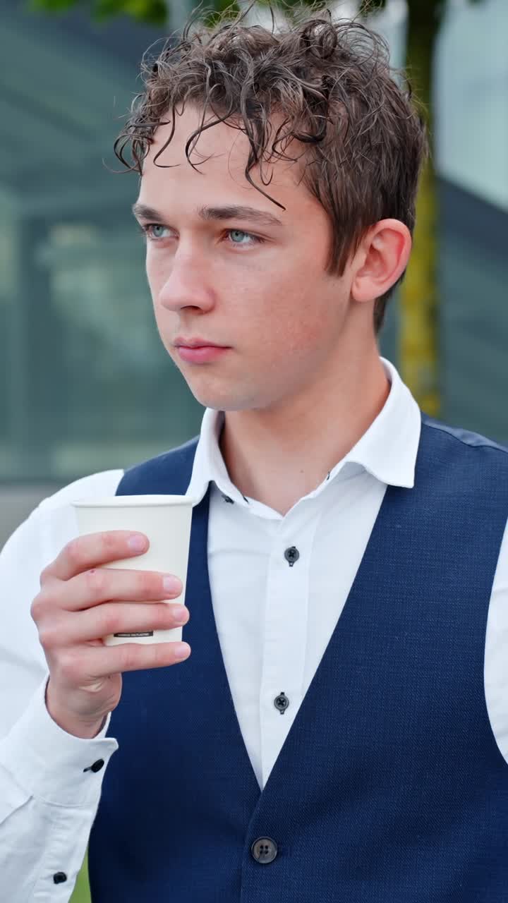 Businessman Drinking Morning Coffee Outdoor - Close Up, Vertical Shot