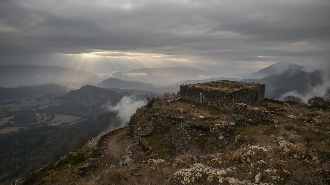 Raggi di sole mobili e nebbia fluttuante che rivelano rovine di pietra consumata su una cima rocciosa, spazio per il testo
