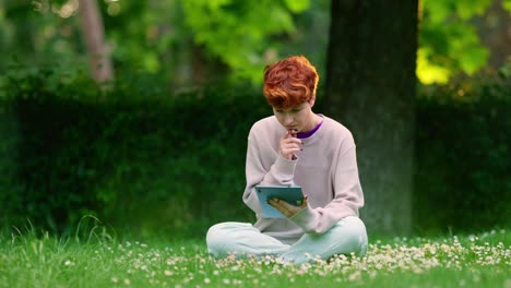 person with red hair sitting on grass in park using a tablet