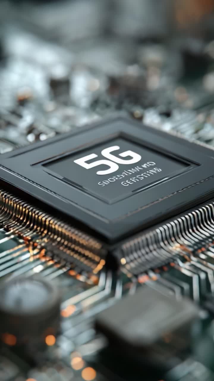 Udforskning af detaljerne i næste generations teknologi med et nærbillede af en 5G-chip indlejret i et printkort, der viser avancerede tilslutningsmuligheder