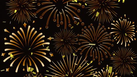 Animation of gold confetti over gold christmas and new year fireworks on black background