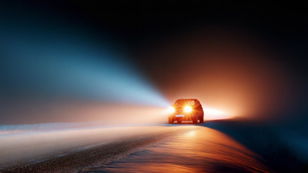 A vehicle navigates a mysterious fog-shrouded road, illuminated by brilliant beams of light cutting through the dense mist, creating an atmospheric and suspenseful scene that evokes a sense of isolation and adventure