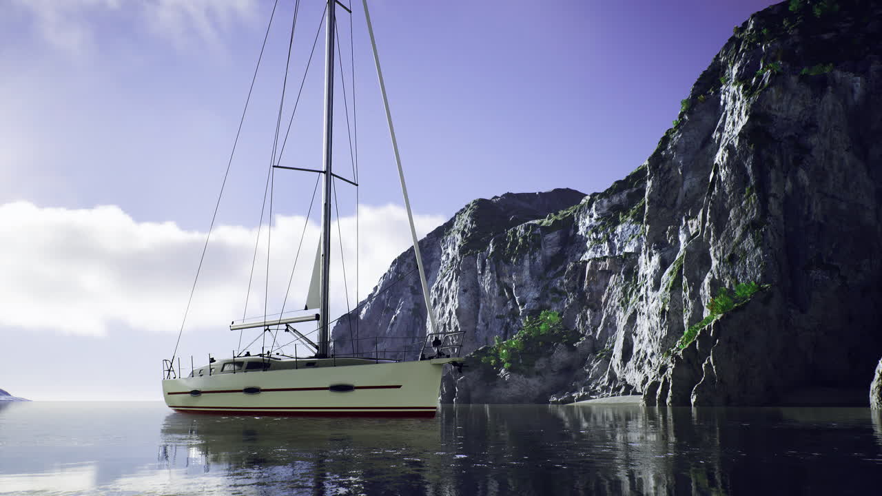 Sailing adventure on calm waters near rugged cliffs during golden hour