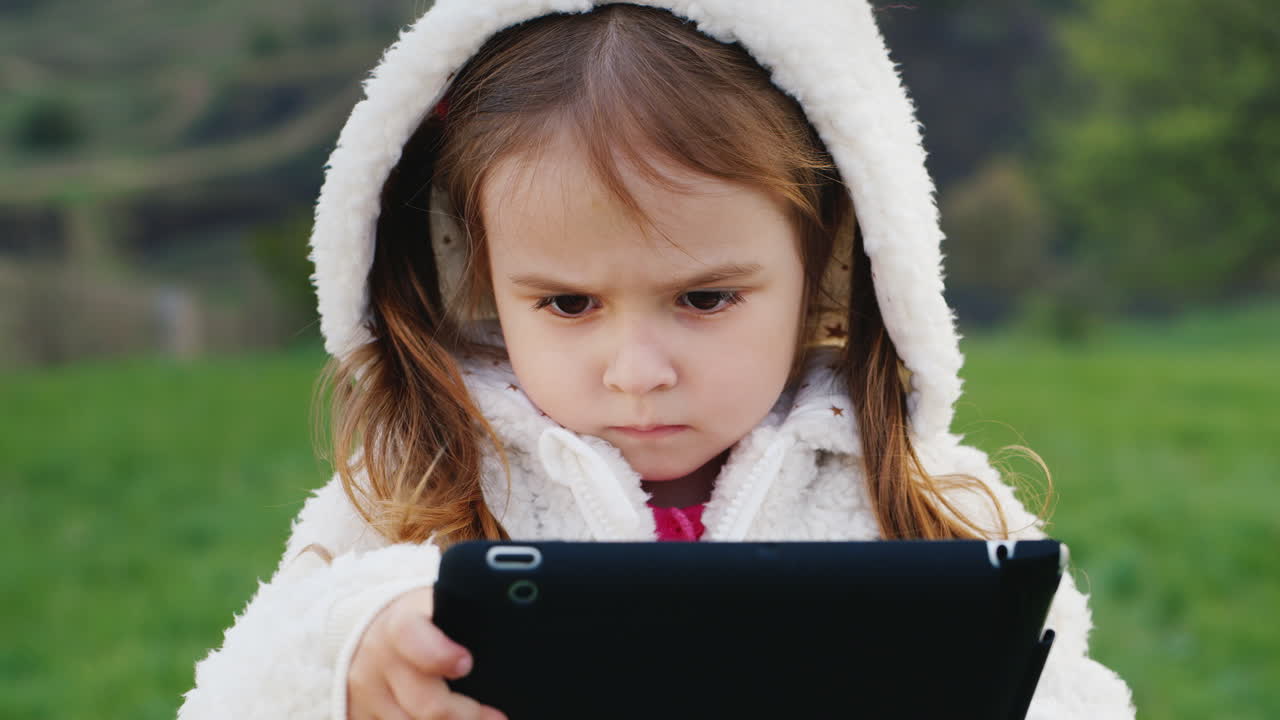 재미있는 흰색 후드를 쓴 귀여운 소녀가 태블릿을 공부하고 있습니다.