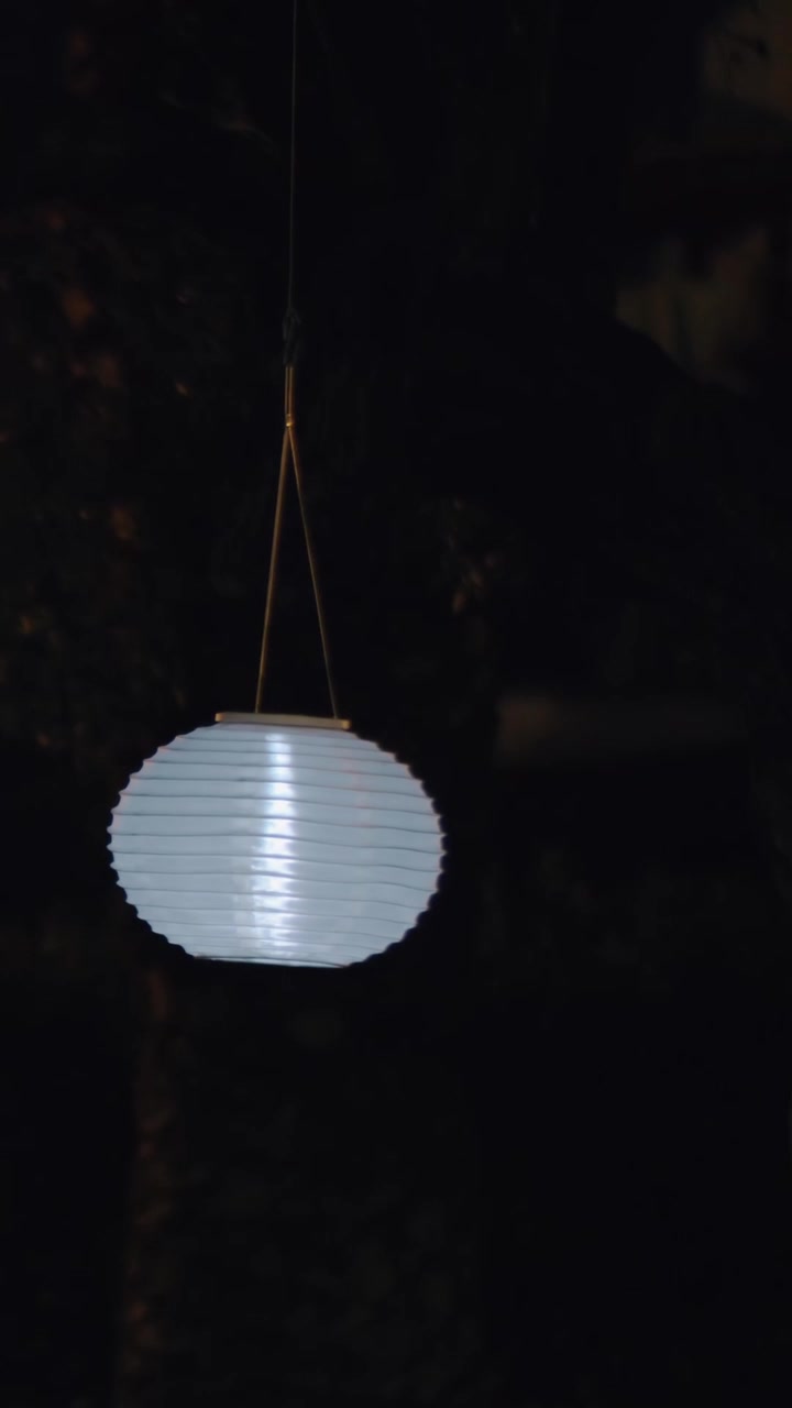 Lanterne di carta bianche e rotonde in un giardino notturno