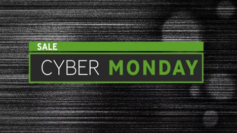 animation of sale cyber monday text on black and green banner over distressed black background