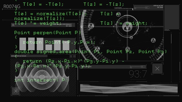 Animation of data processing and diagrams on black background
