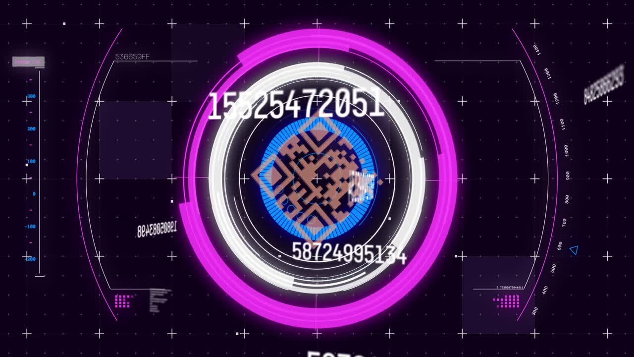 스 ⁇  스캐닝, 숫자 변경 및 검은색 배경에 qr 코드 보안 확인의 애니메이션