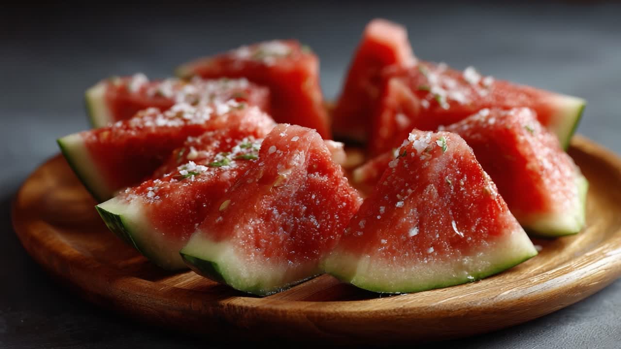 Freshly Cut Watermelon Slices Garnished with Salt on a Wooden Plate, Perfect for a Refreshing Snack or Summer Treat, Highlighting the Juicy Red Flesh and Green Rind
