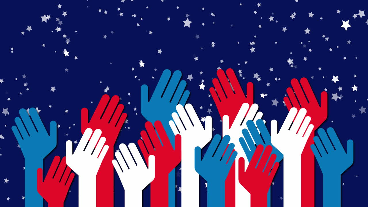Animation of stars and hands raising coloured with flag of usa
