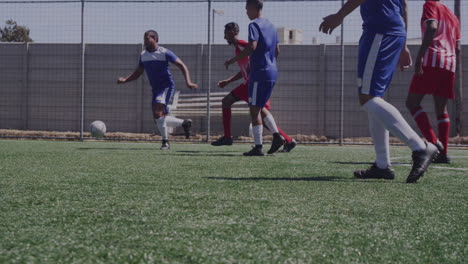 Animation-of-encrypted-interface-screen-over-diverse-group-of-male-football-players-in-action