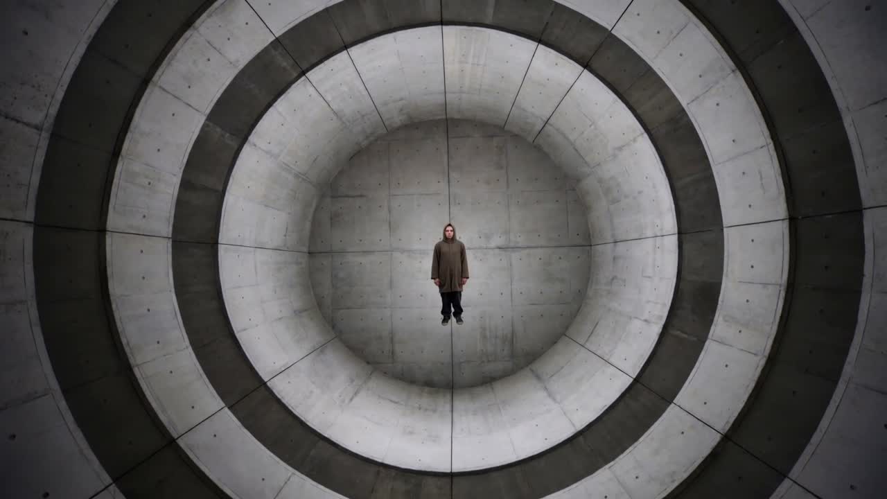 Camera looking down, man in brown hoodie standing, turning head at center, showing stepped rings