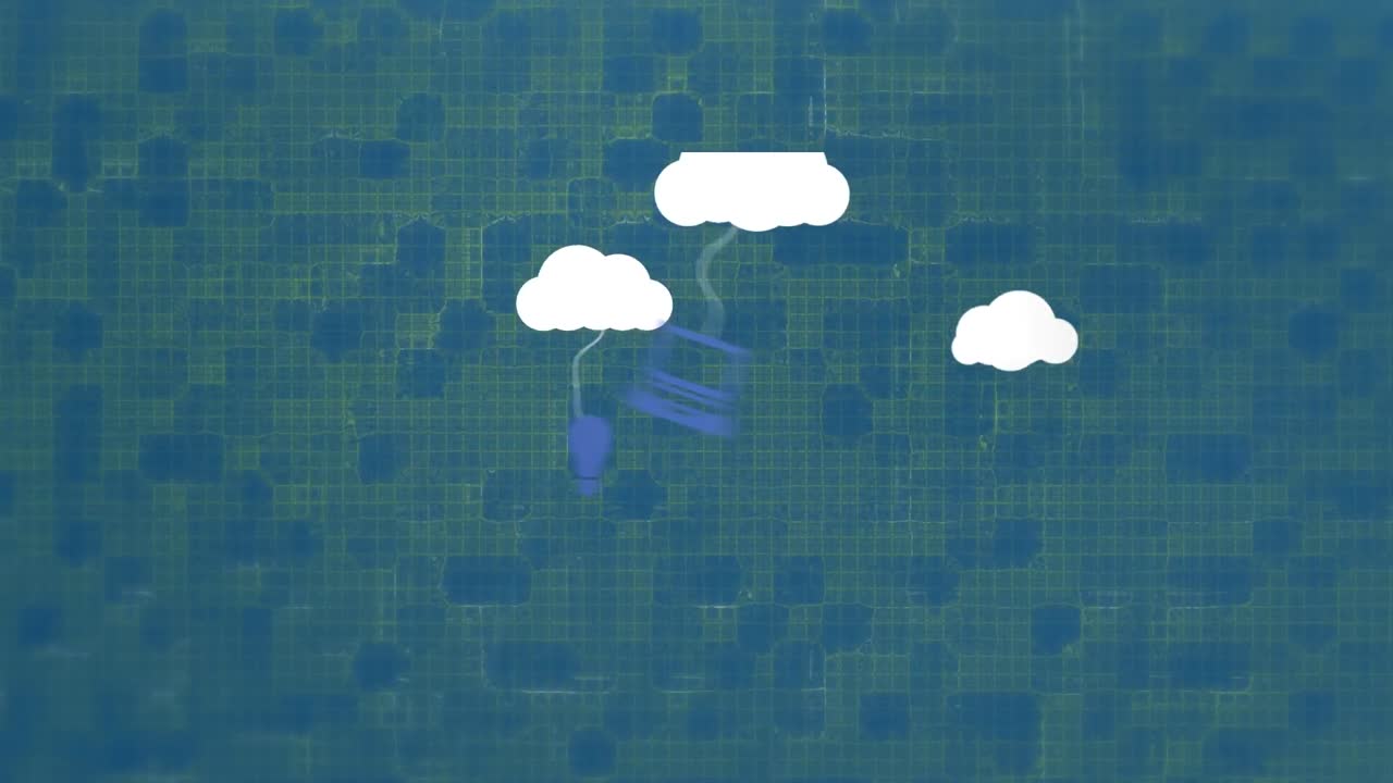 Animation of clouds with numbers and graphs over blue background