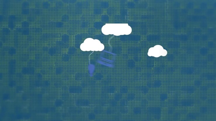 Animation of clouds with numbers and graphs over blue background