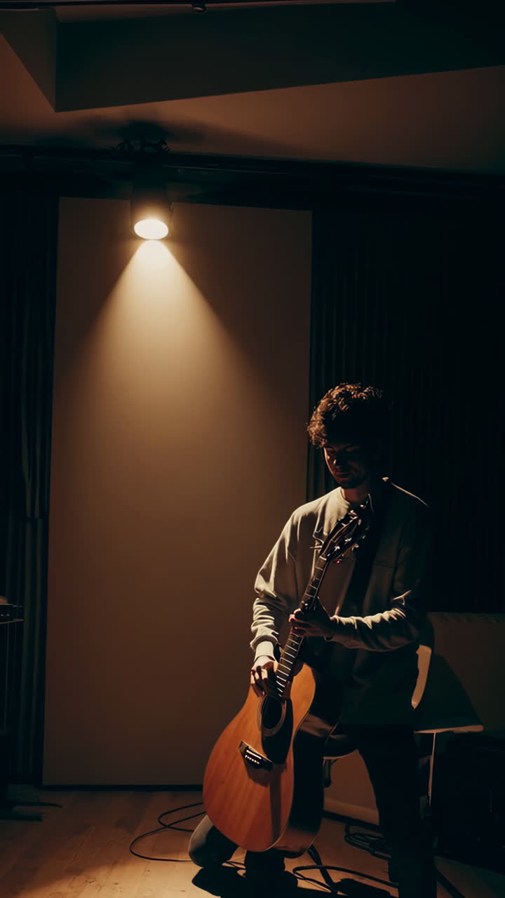 A young man playing acoustic guitar in a recording studio