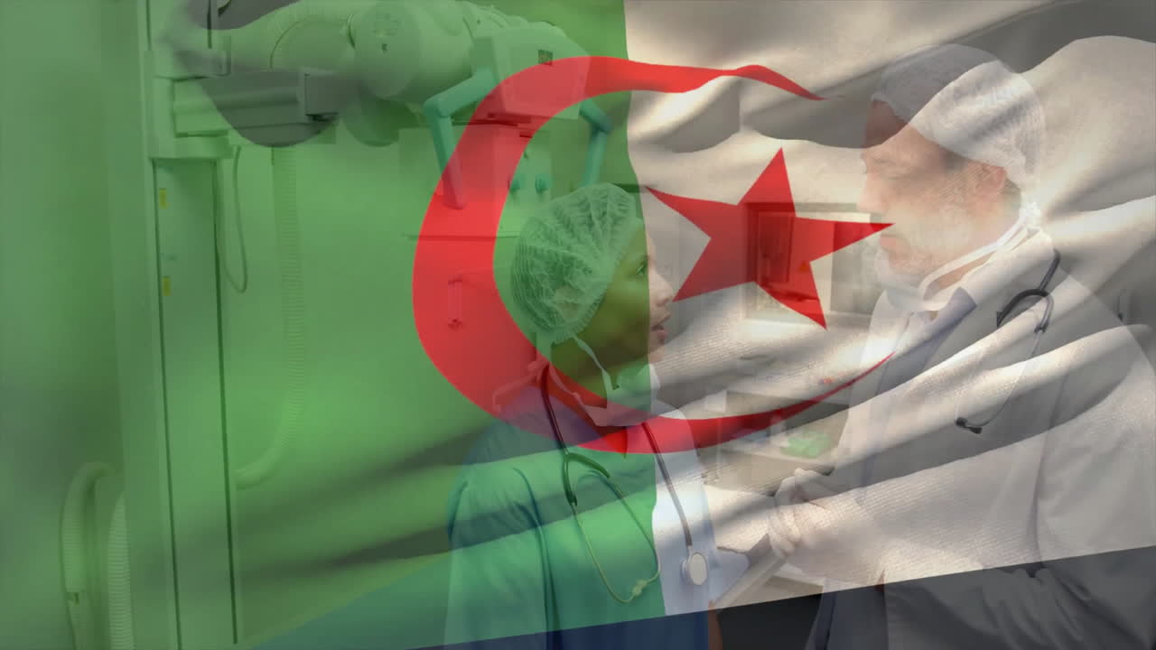 Discussing in hospital, medical professionals with Algerian flag overlay in animation