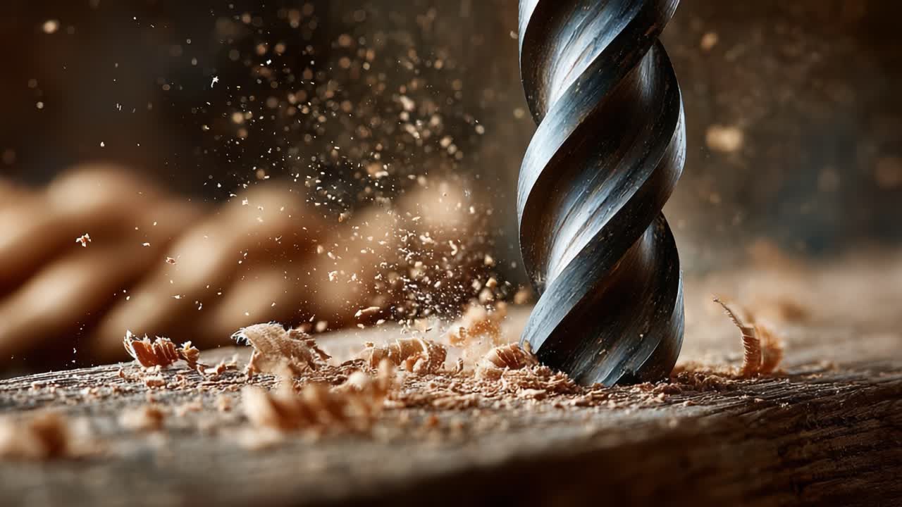 Nahaufnahme eines Hochgeschwindigkeitsbohrers, der Holz bearbeitet, feine Späne und Staub erzeugt, die Präzision und Kraft der Holzbearbeitungstechniken einfangend
