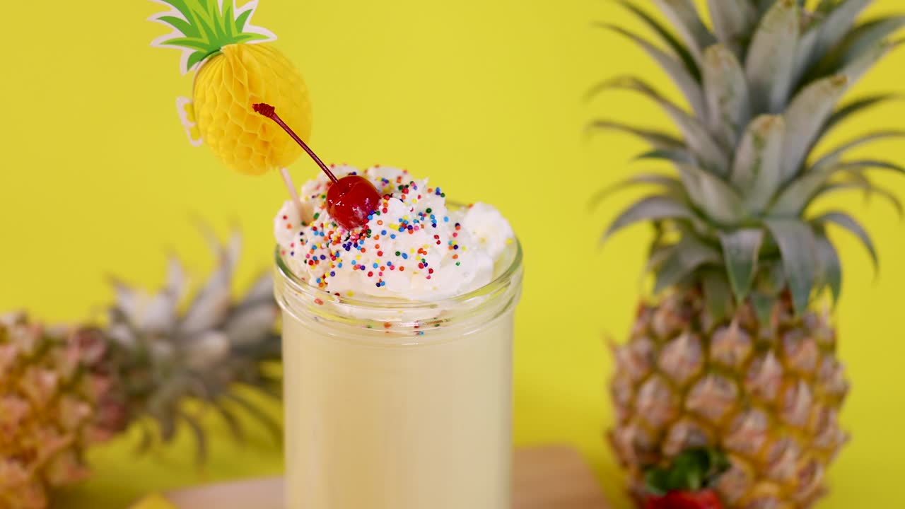 Hand adds curly straw and pineapple garnish to creamy milkshake with whipped cream, sprinkles, cherry