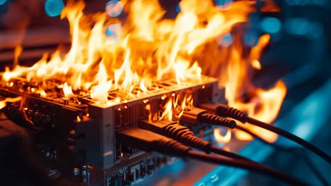 una placa base de computadora en llamas con cables ethernet en ella
