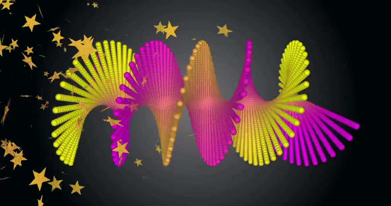 La telecamera avanza, i punti si attraggono verso l'interno, formando un nastro ondeggiante magenta e giallo che esplode, svanendo per il logo