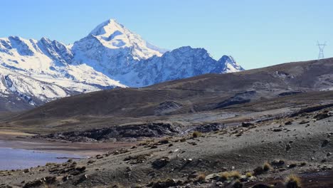 pan across high altiplano landscape in snow capped bolivian andes mtns, huayna potosi