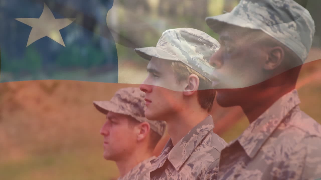 Standing in formation, military personnel with animation of flag in background