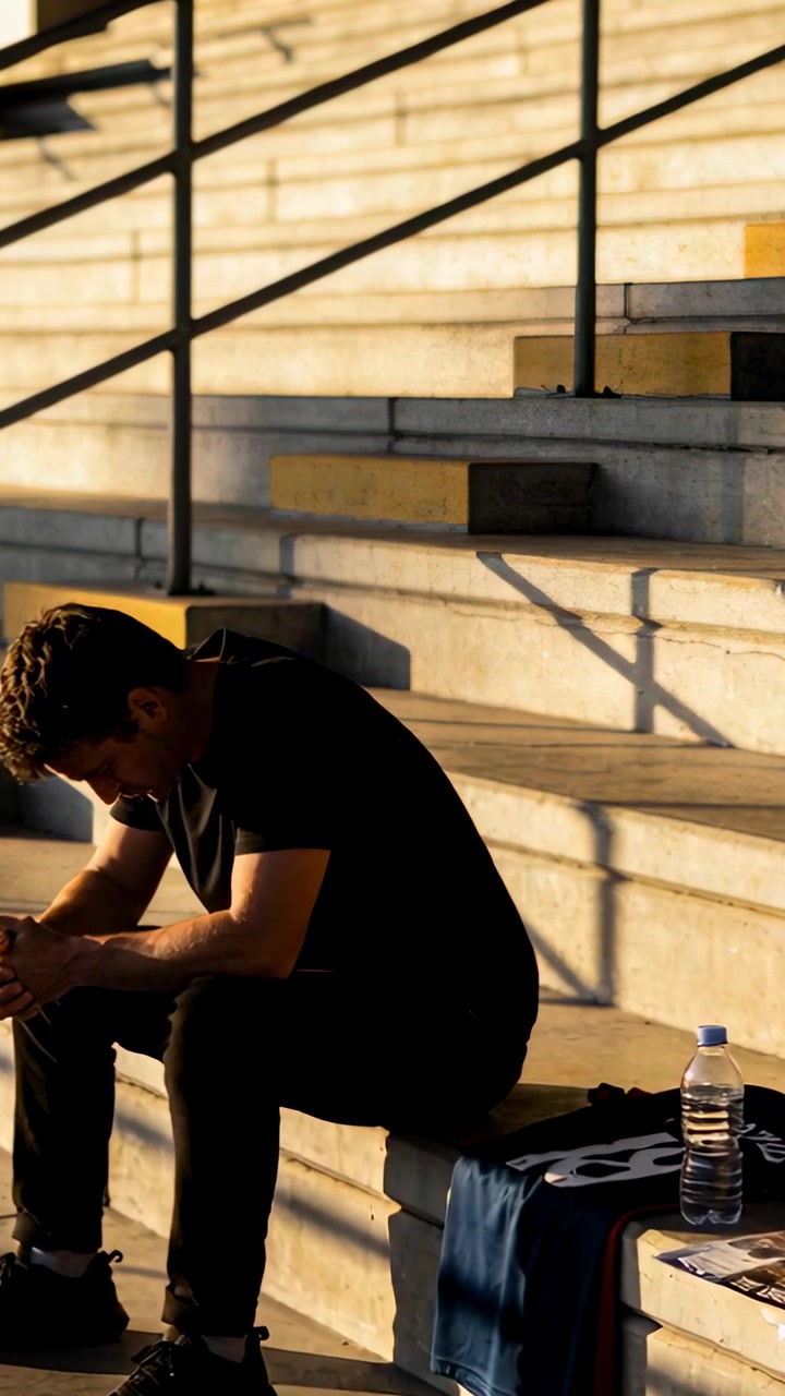 Vertical video: Sitting man in black gear, leaning on steps after game with jersey, program, bottle