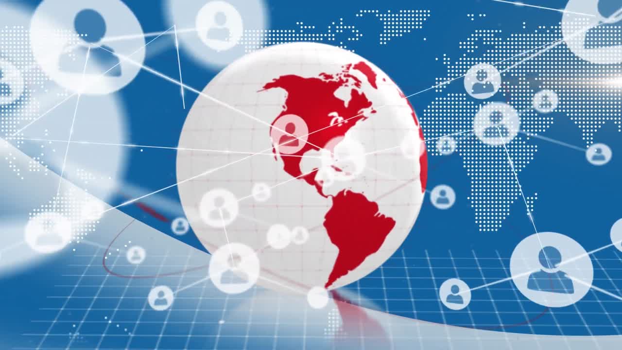 보라색 배경의 나비 위에 연결의 네트워크와 함께 지구의 애니메이션