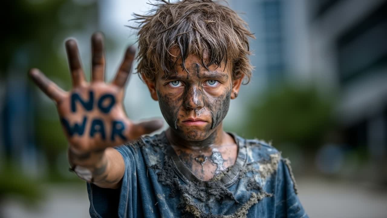 Retrato de un niño cubierto de tierra levantando la mano con un mensaje de 'no a la guerra'.