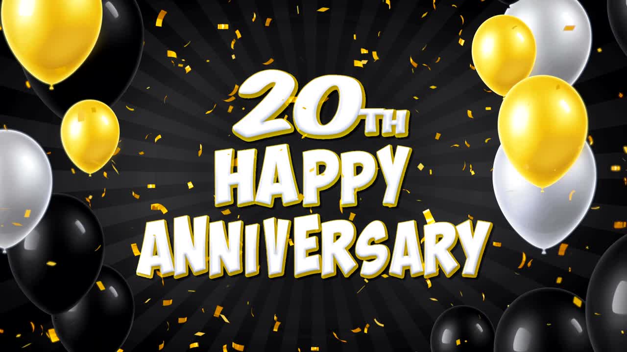 20o feliz aniversario texto negro con confeti dorado cayendo y partículas de brillo, coloridos globos voladores animación de bucle sin fisuras para el saludo, tarjeta de invitación, fiesta, celebración, festival.