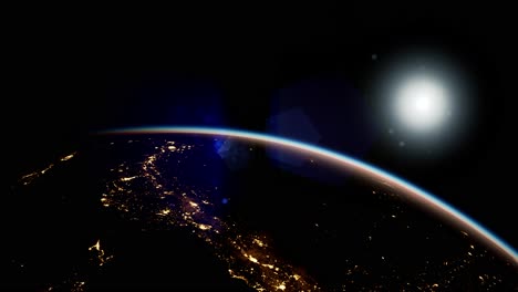 space, sun and planet earth at night