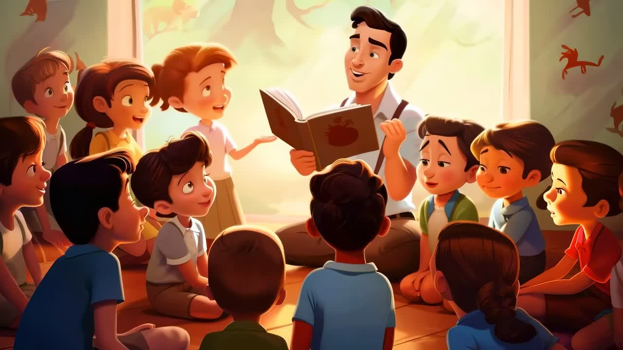 Animated scene of a teacher reading to children in a circle, captured from a low angle