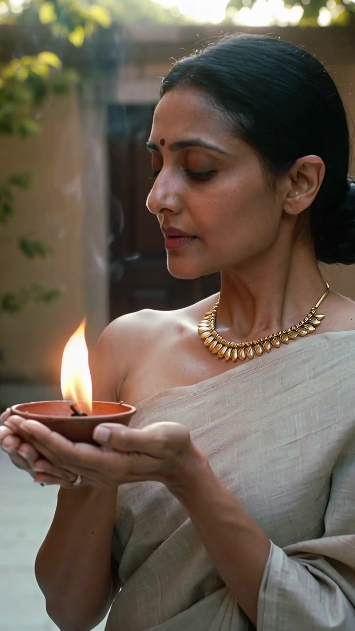Video verticale: Donna indiana che tiene una diya accesa, si china ed esala fumo in un cortile, con saree e bindi.