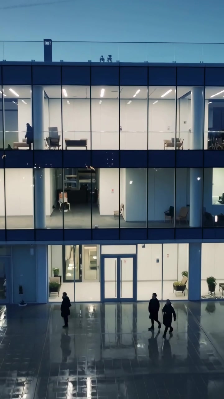 Vertical video: Dusk lighting trio in coats crossing wet plaza past glass doors walking above