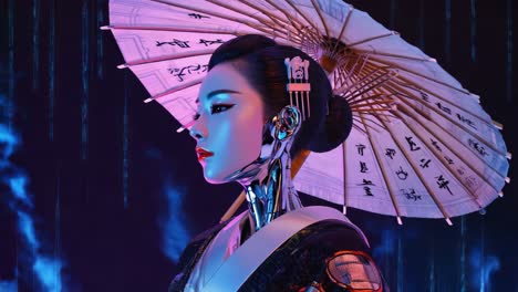 cyborg geisha with umbrella