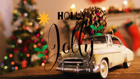 Animation-of-christmas-greetings-text-over-decorations-with-vintage-car