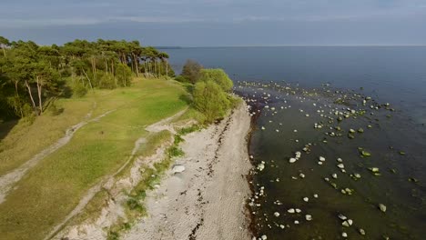 aerial drone shot of ystad beach near the ostersjo ocean in south sweden skane