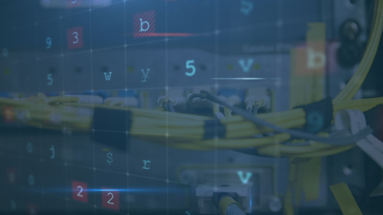 Animation of cyber attack text and data processing over cables in server