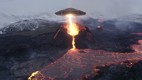 flying saucer over active volcano refueling with beam of plasma