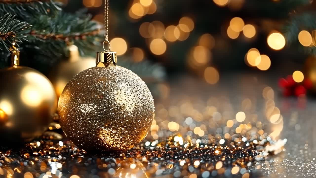 A gold ornament is sitting on a table next to a pine cone. The scene is festive and warm, with the gold ornament and pine cone representing the holiday season