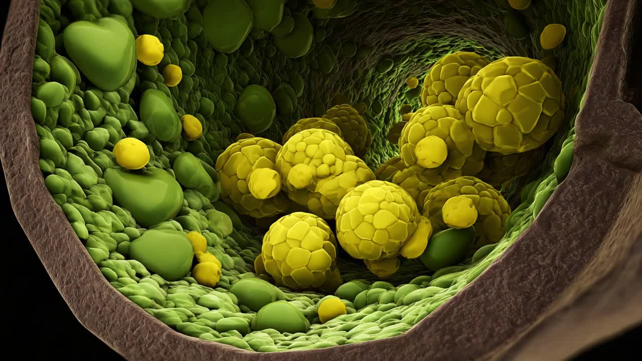 Exploring Microscopic Structures: A Close-Up View of Vibrant Green and Yellow Cell-Like Entities in a Biological Environment Highlighting Cellular Interaction and Division