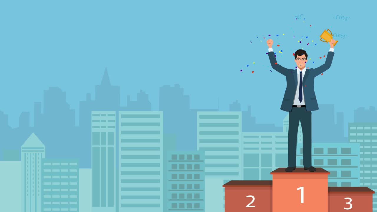 A Cartoon Version of a Business Man Shown on a Podium with a Trophy in Hand and an Urban or City Background Indicating Business Concept of Success