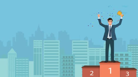 a cartoon version of a business man shown on a podium with a trophy in hand and an urban or city background indicating business concept of success