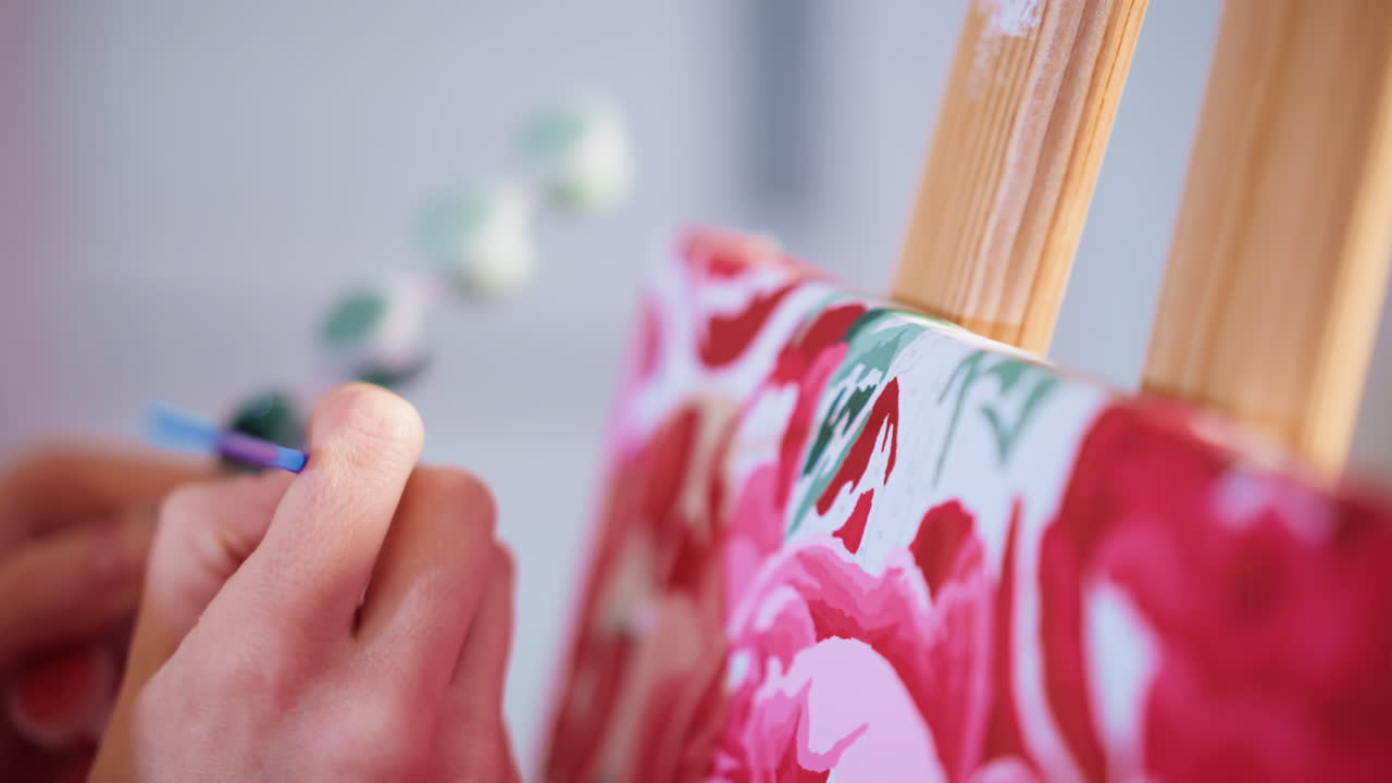 Hands Dabbing Floral Canvas With Sponge, Art Teacher Layering Texture And Color Along Easel Edge In Cozy Classroom Studio Warm Tones, Visible Palette, And Gentle Tapping Create Rhythmic Craft