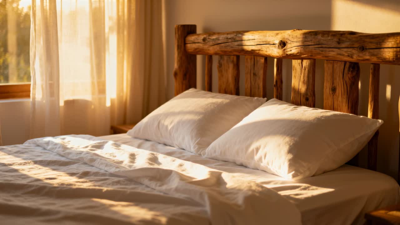 Luce solare filtrante che si muove attraverso la testiera e i cuscini sul letto di casa, vicino a tende trasparenti, che indica lo scorrere del tempo