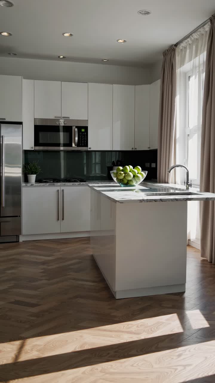 Cucina moderna dal design elegante, con mobili bianchi e una ciotola di mele verdi