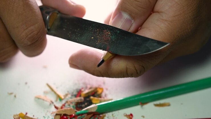 Footage of hands slowly sharpening a pencil and some coloured pencils with a sharp knife