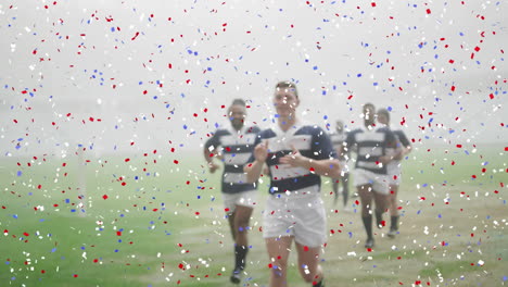 animation of confetti over male rugby players at stadium